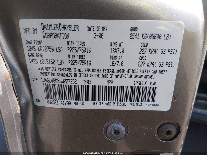 JEEP LIBERTY 2006 VIN 1J4GL48K56W227252