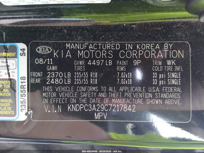 KIA SPORTAGE 2012 VIN KNDPC3A29C7217842