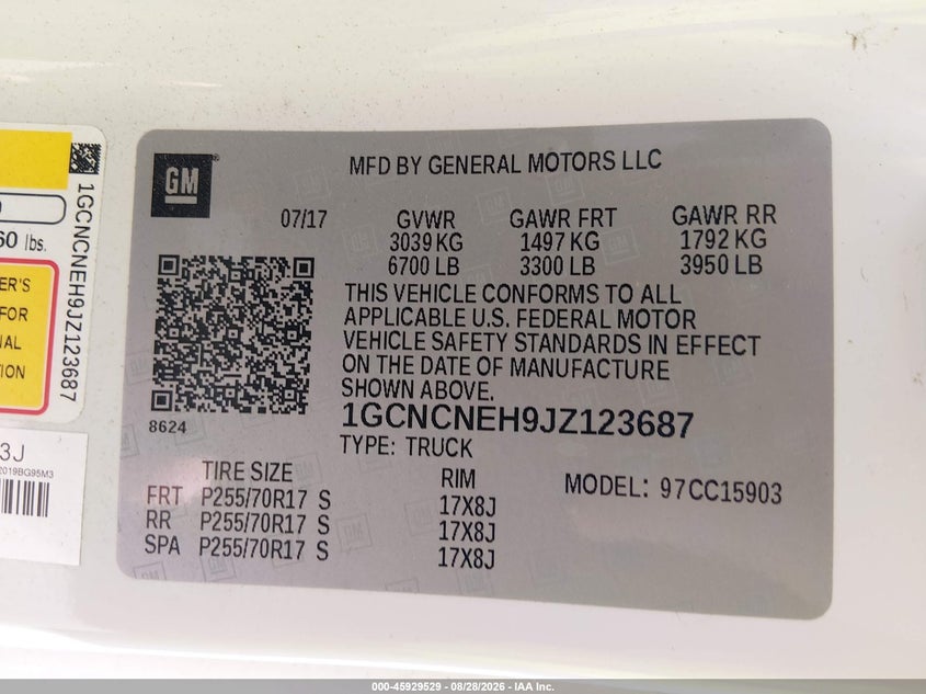 CHEVROLET SILVERADO 1500 2018 VIN 1GCNCNEH9JZ123687