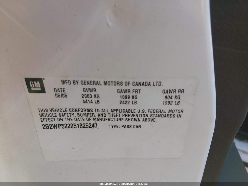 PONTIAC GRAND PRIX 2005 VIN 2G2WP522051325247