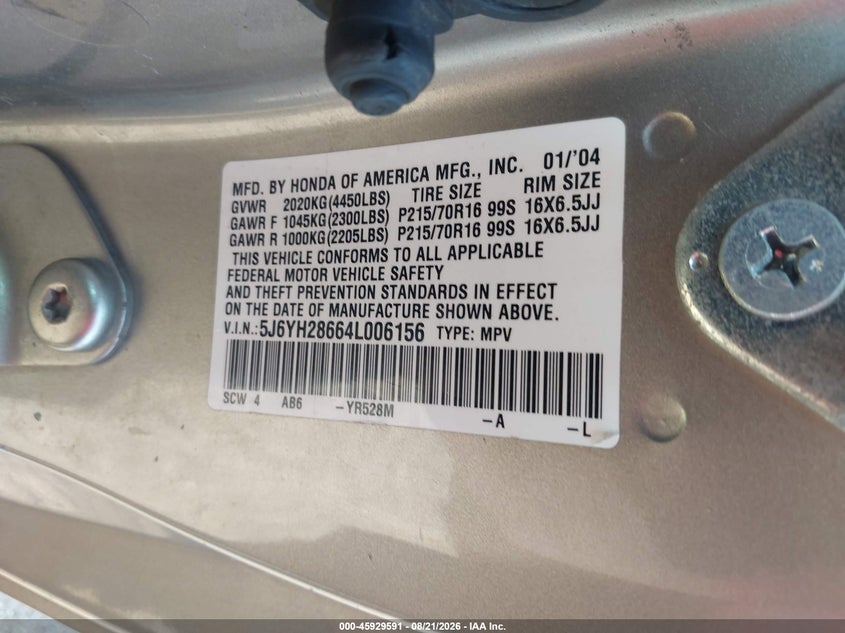 HONDA ELEMENT 2004 VIN 5J6YH28664L006156
