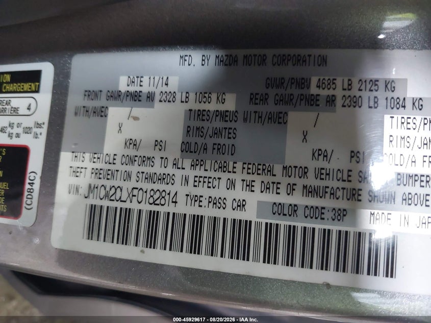 MAZDA MAZDA5 2015 VIN JM1CW2CLXF0182814