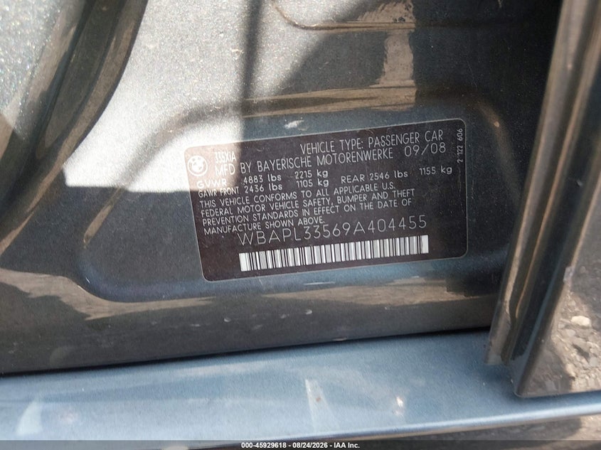 BMW 335I 2009 VIN WBAPL33569A404455