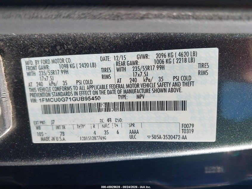 FORD ESCAPE 2016 VIN 1FMCU0G71GUB95450