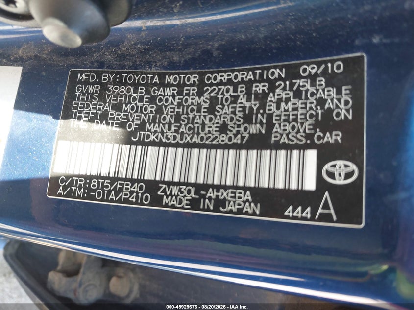 TOYOTA PRIUS 2010 VIN JTDKN3DUXA0228047