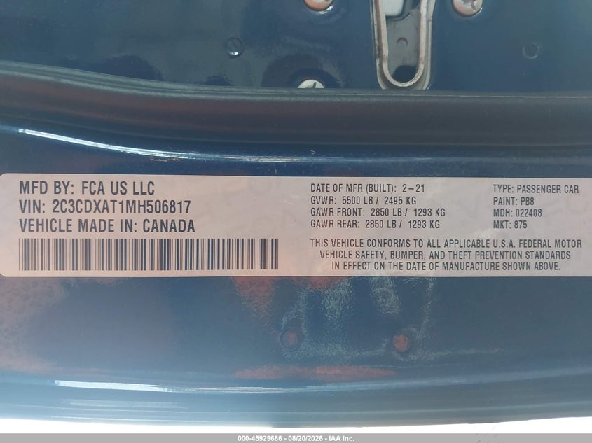 DODGE CHARGER 2021 VIN 2C3CDXAT1MH506817