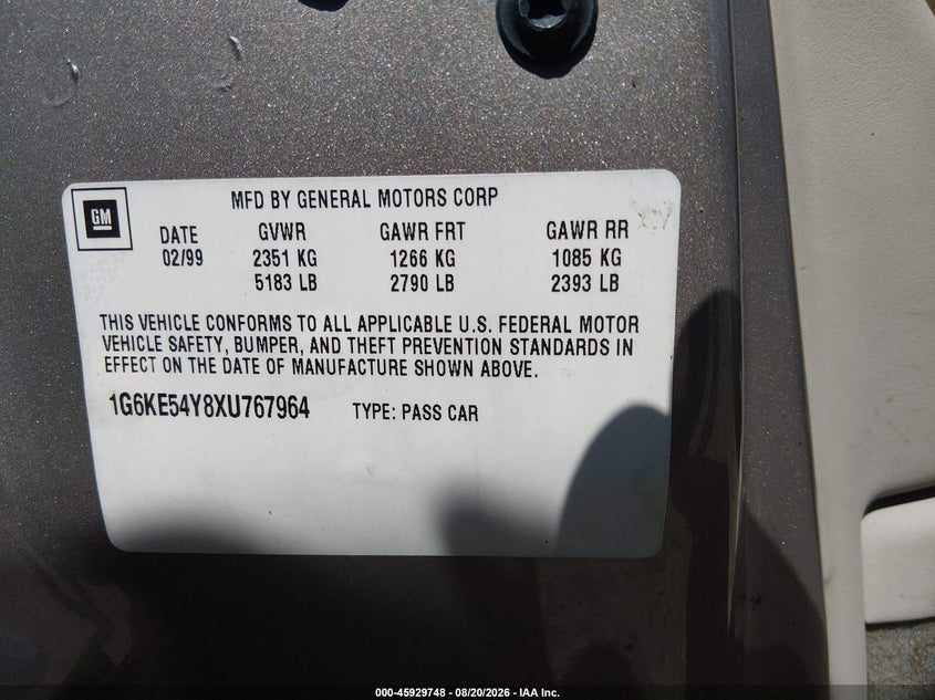 CADILLAC DEVILLE 1999 VIN 1G6KE54Y8XU767964