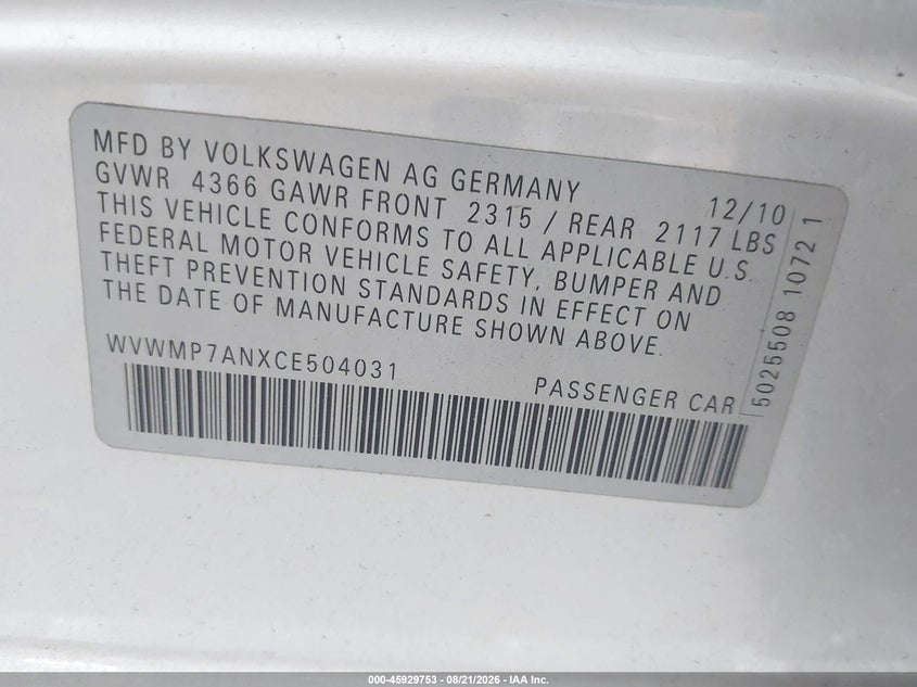 VOLKSWAGEN CC 2012 VIN WVWMP7ANXCE504031