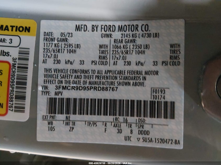 FORD BRONCO SPORT 2023 VIN 3FMCR9D95PRD88767