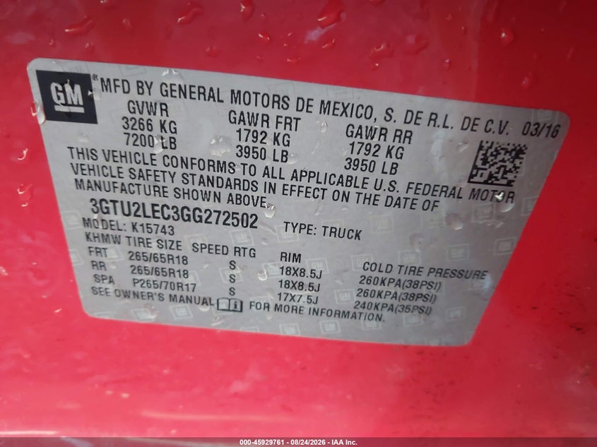 GMC SIERRA 1500 2016 VIN 3GTU2LEC3GG272502