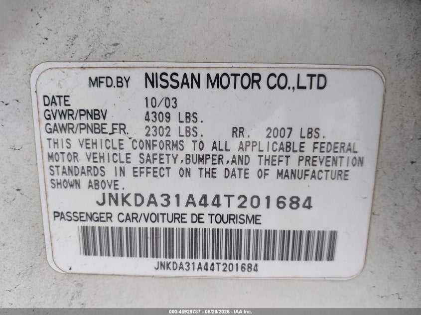 2004 INFINITI I SEDAN 3.5L V-6 DOHC, VVT, 255HP