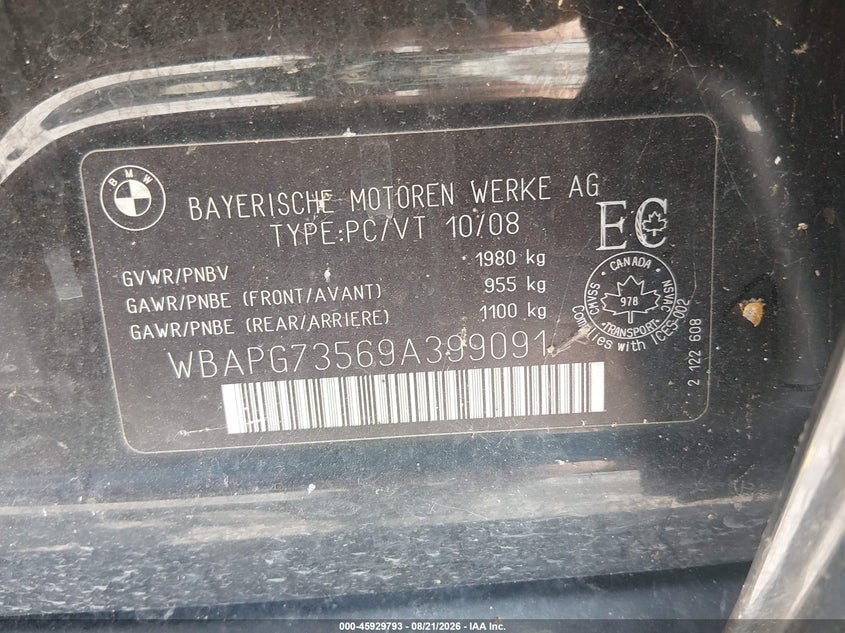 BMW 323I 2009 VIN WBAPG73569A399091