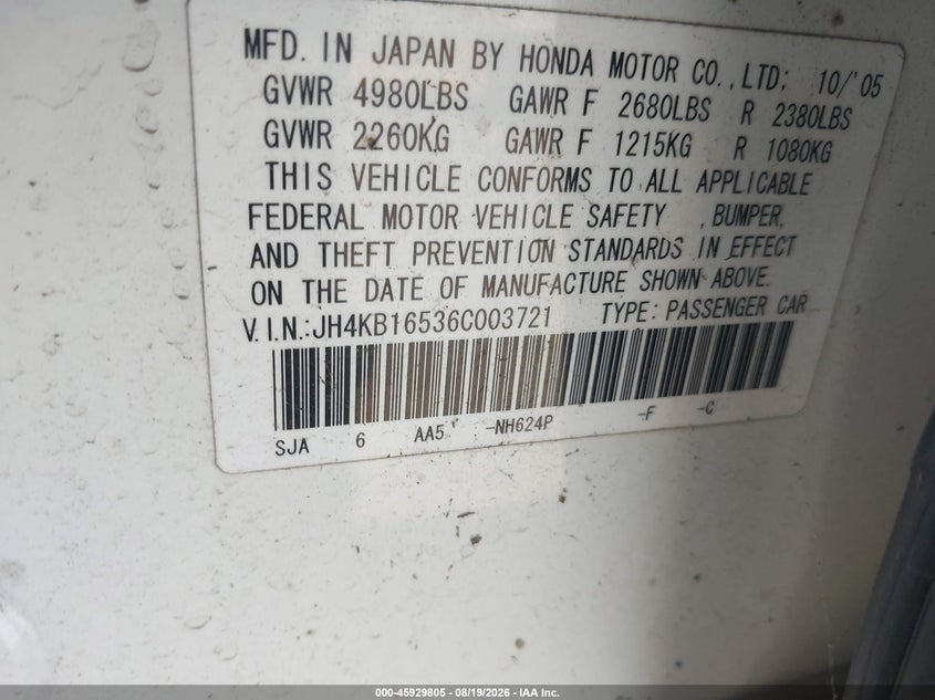ACURA RL 2006 VIN JH4KB16536C003721
