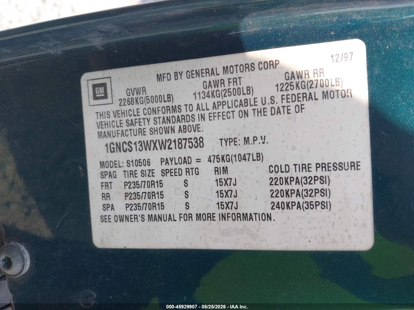 CHEVROLET BLAZER 1998 VIN 1GNCS13WXW2187538