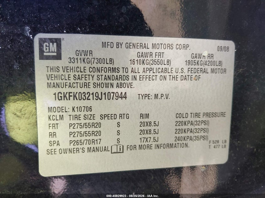 GMC YUKON DENALI 2009 VIN 1GKFK03219J107944