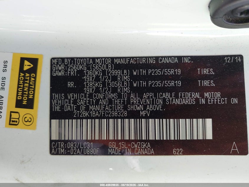 LEXUS RX 350 2015 VIN 2T2BK1BA7FC298328