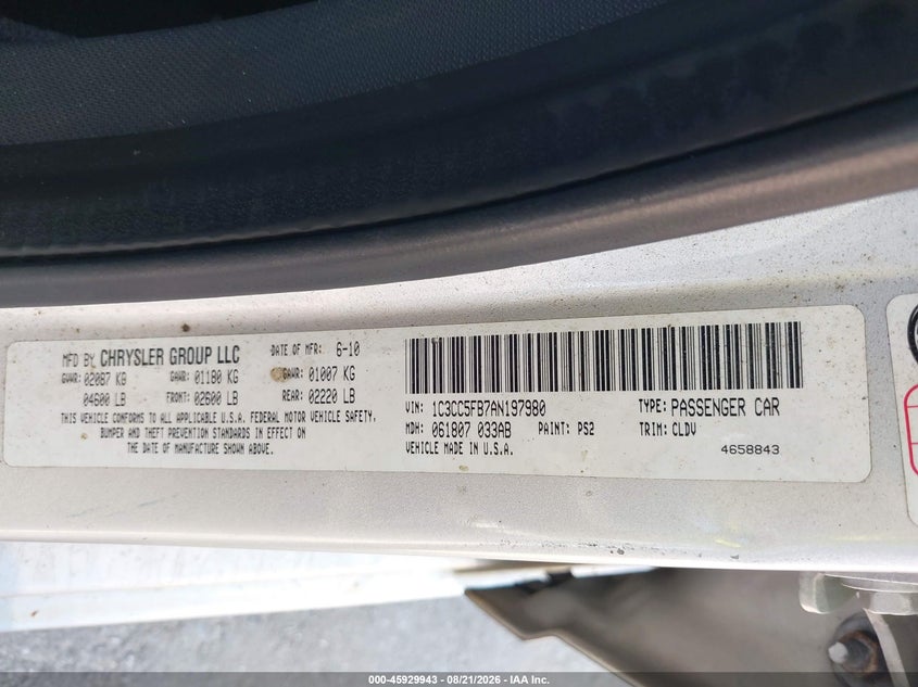 CHRYSLER SEBRING 2010 VIN 1C3CC5FB7AN197980