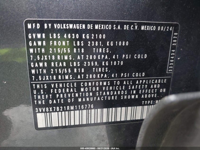 VOLKSWAGEN TAOS 2024 VIN 3VV8X7B21RM116776