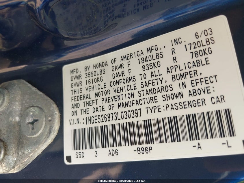 2003 HONDA CIVIC SEDAN 1.7L I-4 VVT, 127HP