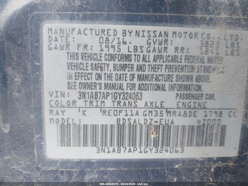 2016 NISSAN SENTRA SEDAN 1.8L I-4 DOHC, VVT, 130HP