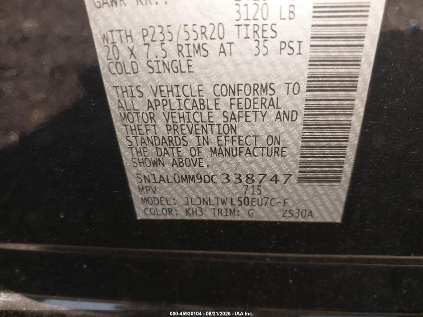 INFINITI JX35 2013 VIN 5N1AL0MM9DC338747