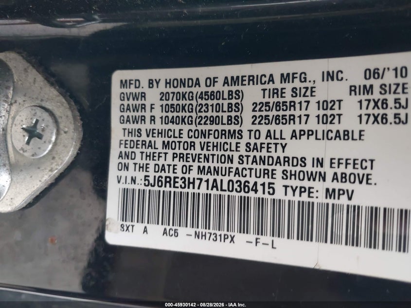 HONDA CR-V 2010 VIN 5J6RE3H71AL036415