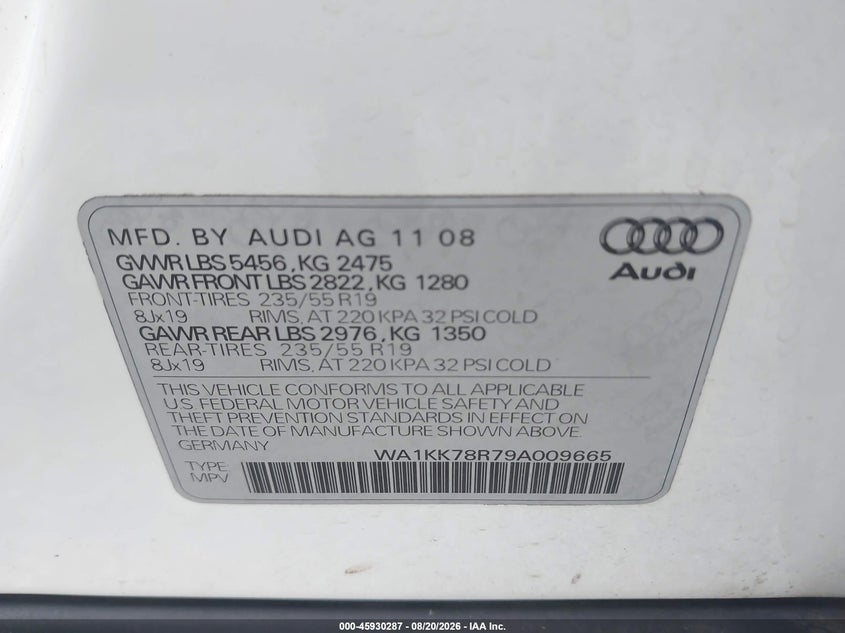 AUDI Q5 2009 VIN WA1KK78R79A009665