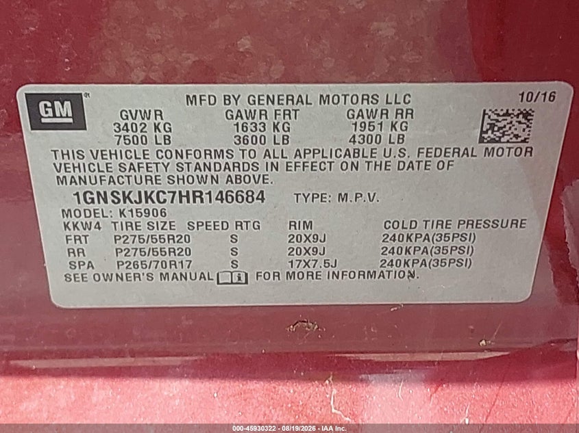 CHEVROLET SUBURBAN 2017 VIN 1GNSKJKC7HR146684