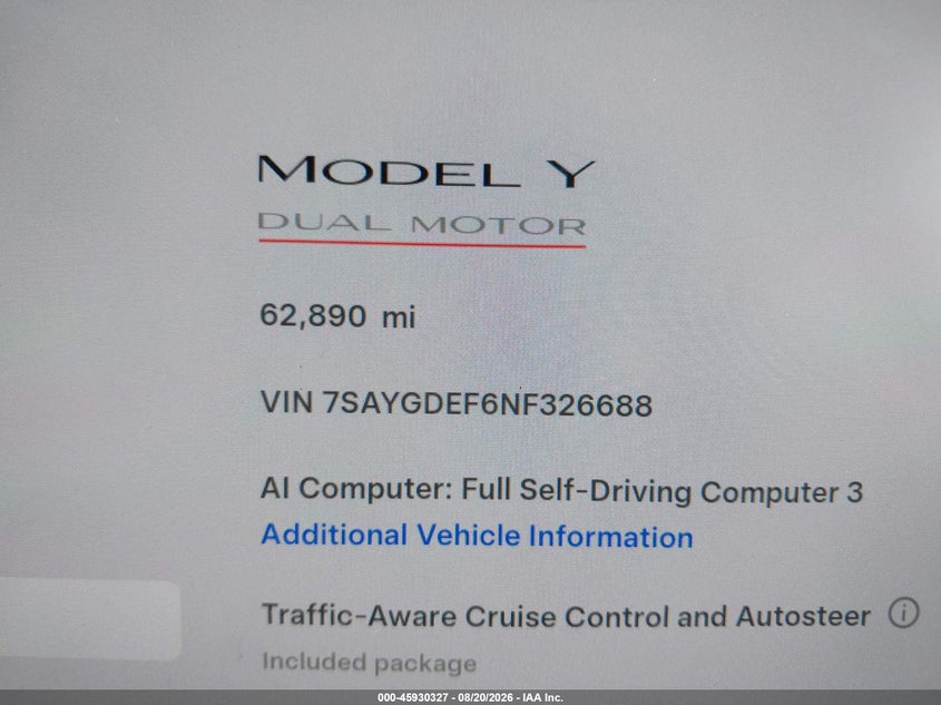 TESLA MODEL Y 2022 VIN 7SAYGDEF6NF326688