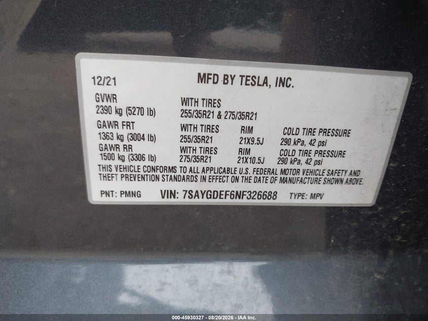 TESLA MODEL Y 2022 VIN 7SAYGDEF6NF326688