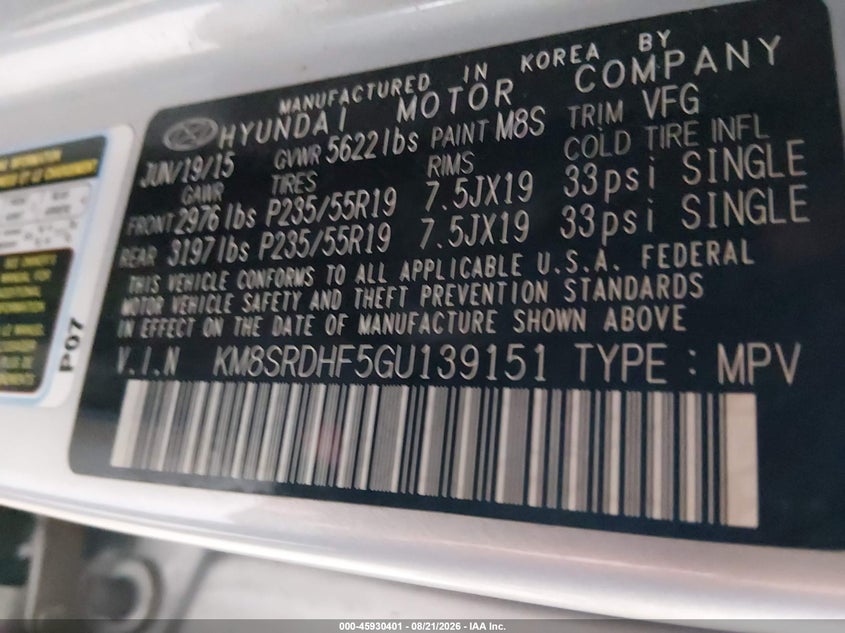 2016 HYUNDAI SANTA FE SPORT UTILITY VEHICLE 3.3L V-6 DI, DOHC, VVT, 290HP