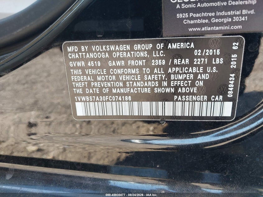 VOLKSWAGEN PASSAT 2015 VIN 1VWBS7A30FC074186