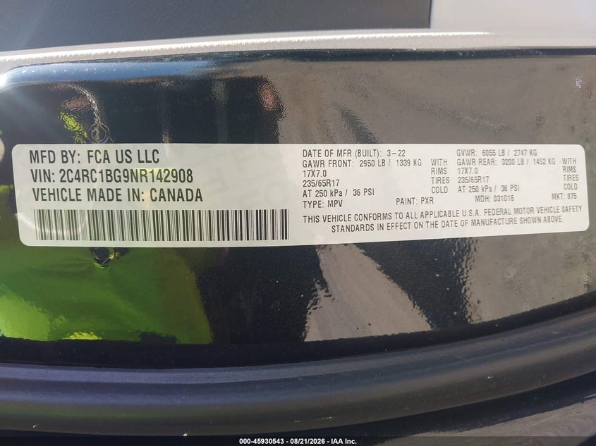CHRYSLER PACIFICA 2022 VIN 2C4RC1BG9NR142908