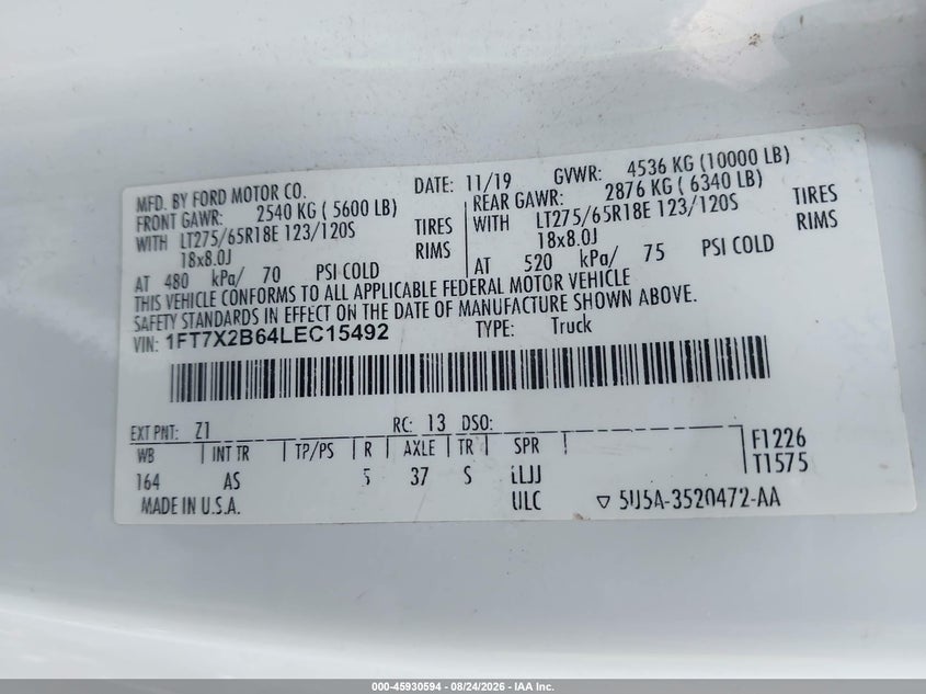 FORD F-250 2020 VIN 1FT7X2B64LEC15492