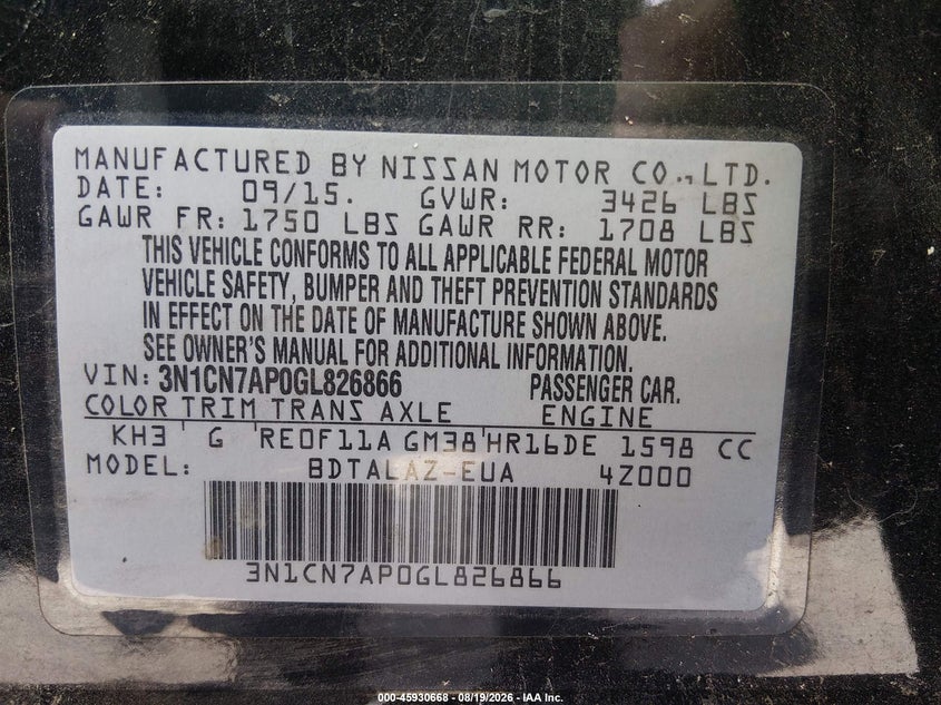 2016 NISSAN VERSA SEDAN 1.6L I-4 DOHC, VVT, 109HP