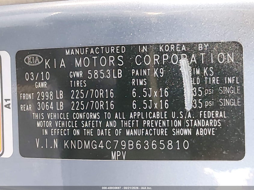 2011 KIA SEDONA VAN 3.5L V-6 DOHC, VVT, 271HP