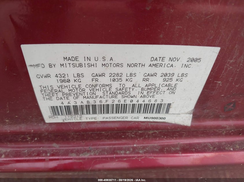 MITSUBISHI GALANT 2006 VIN 4A3AB36F26E044683