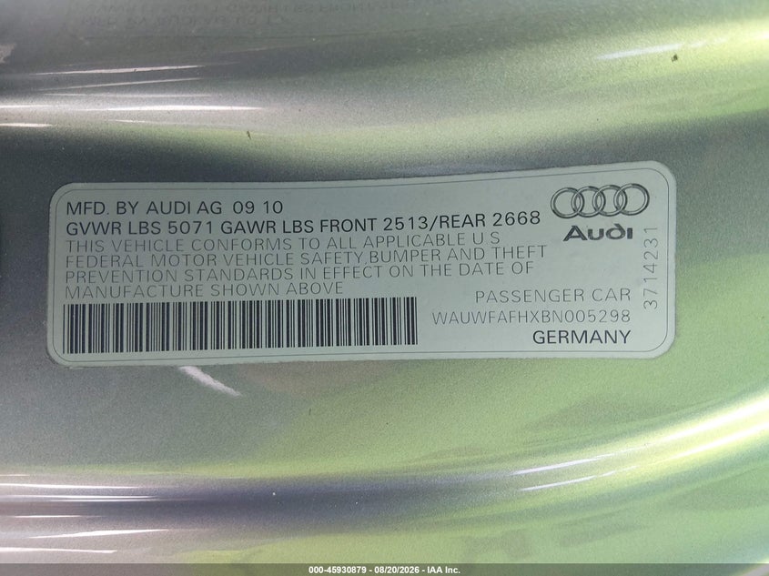 AUDI A5 2011 VIN WAUWFAFHXBN005298