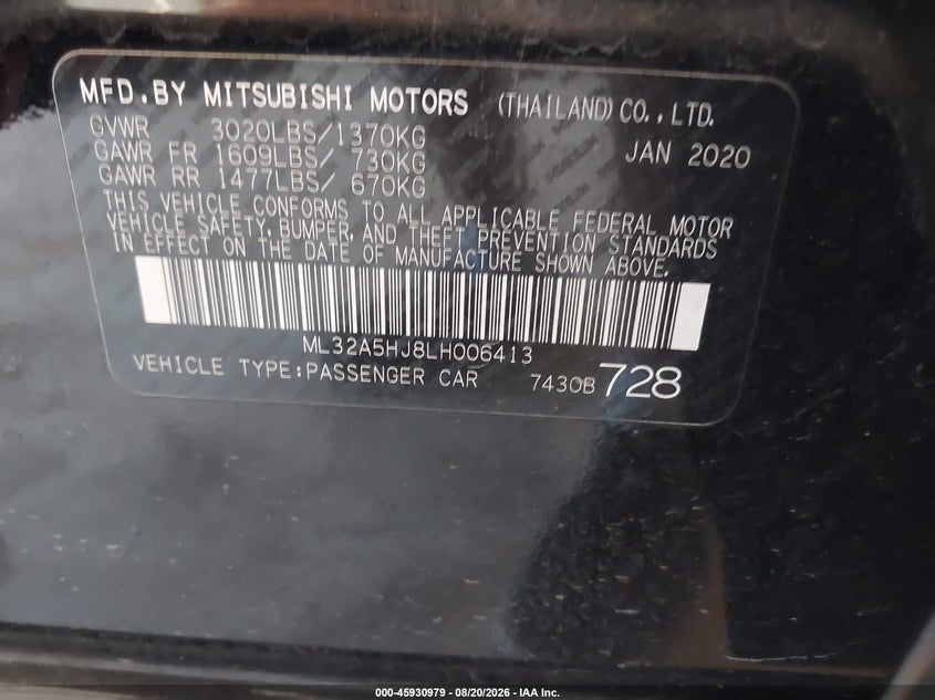 MITSUBISHI MIRAGE 2020 VIN ML32A5HJ8LH006413