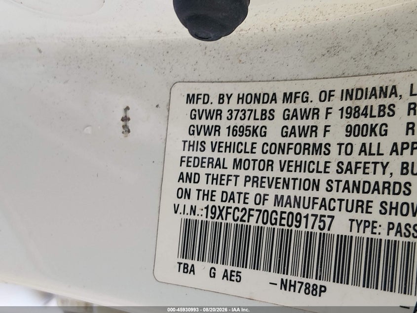 2016 HONDA CIVIC SEDAN 2.0L I-4 DOHC, VVT, 158HP
