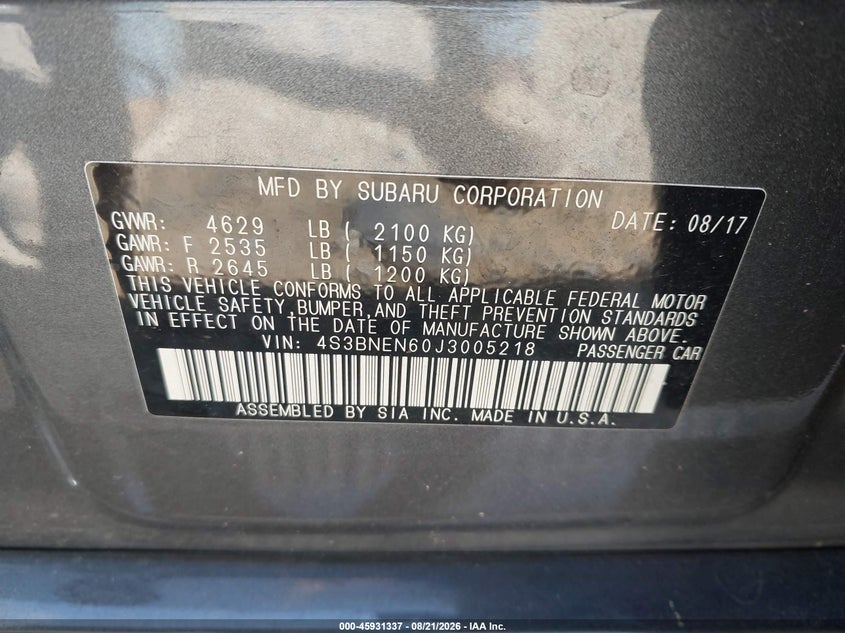 SUBARU LEGACY 2018 VIN 4S3BNEN60J3005218