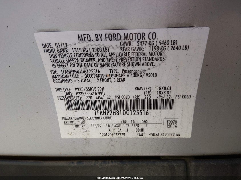 FORD TAURUS 2013 VIN 1FAHP2H81DG125516
