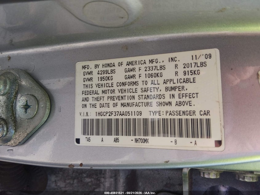2010 HONDA ACCORD SEDAN 2.4L I-4 DOHC, VVT, 177HP