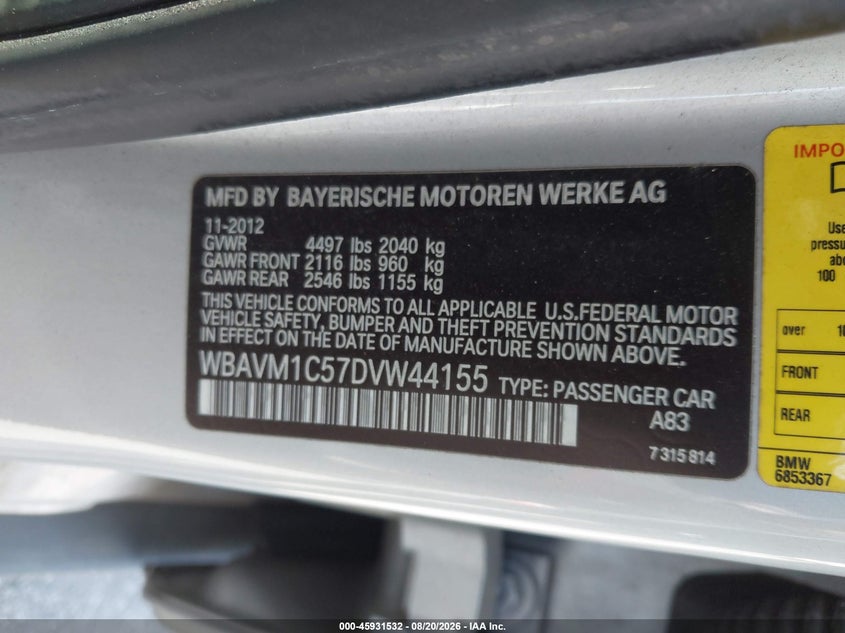 BMW X1 2013 VIN WBAVM1C57DVW44155