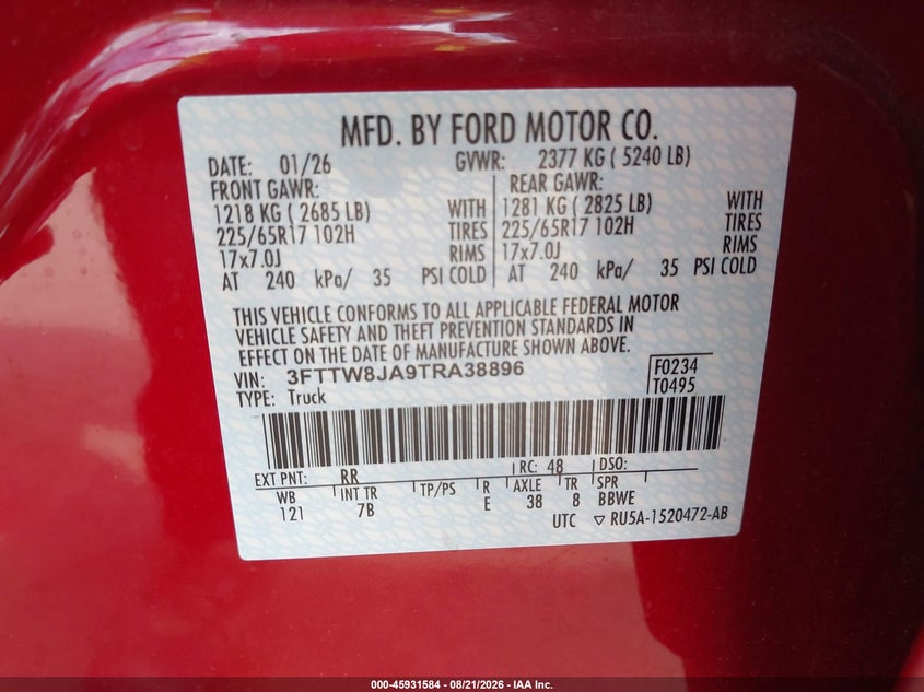 FORD MAVERICK 2026 VIN 3FTTW8JA9TRA38896