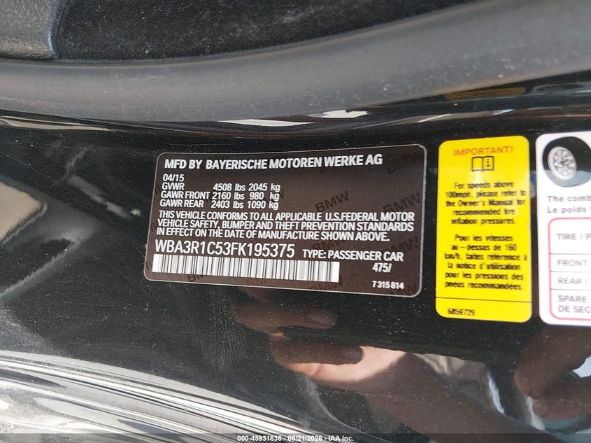 BMW 435I 2015 VIN WBA3R1C53FK195375