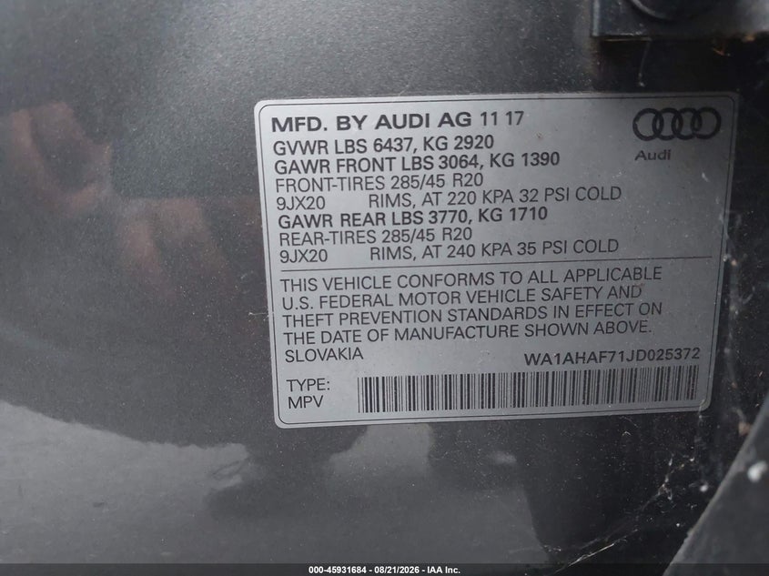 AUDI Q7 2018 VIN WA1AHAF71JD025372