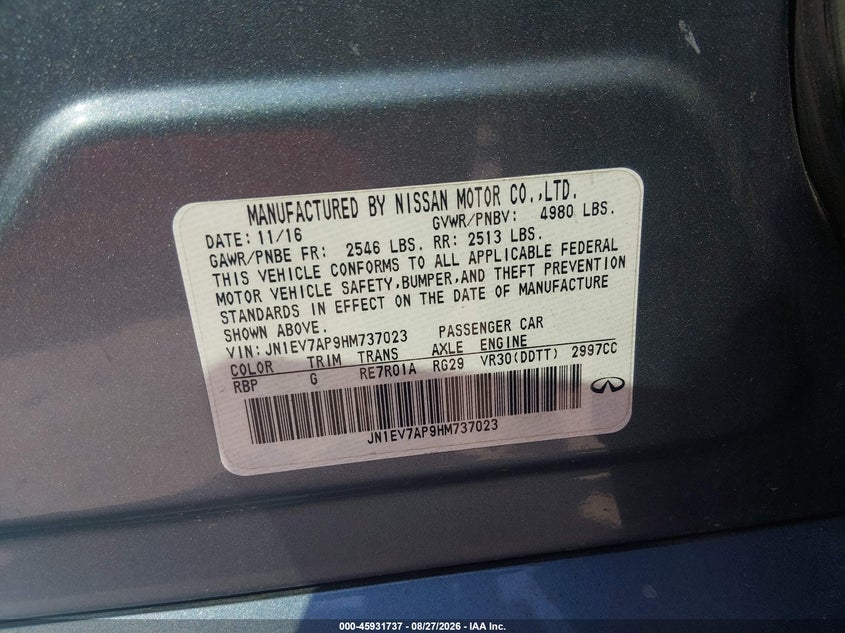 2017 INFINITI Q50 SEDAN 3.0L V-6 DI, DOHC, VVT, TURBO, 300HP