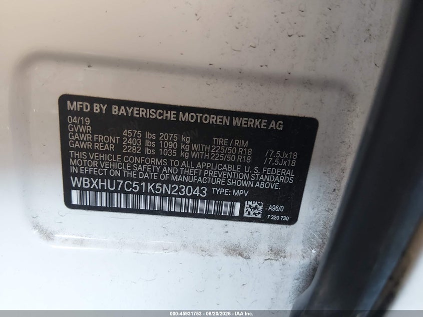 BMW X1 2019 VIN WBXHU7C51K5N23043