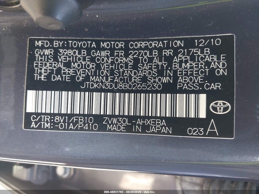 2011 TOYOTA PRIUS HATCHBACK 1.8L I-4 DOHC, VVT, 98HP